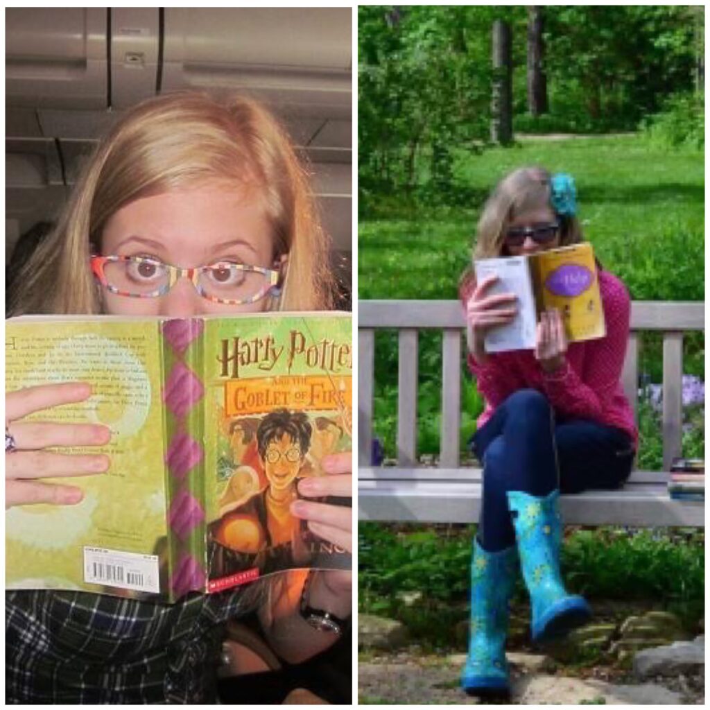 two photo collage of young case (left) and cass (right). case, around 18, peers overtop a copy of harry potter and the goblet of fire with wide eyes and colorful glasses. cass, about 17, peers overtop a copy of the help while looking mischievously and wears a hot pink top, jeans, and colorful rain boots
