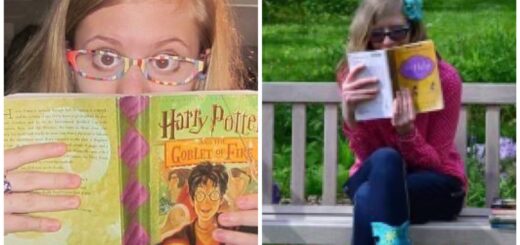 two photo collage of young case (left) and cass (right). case, around 18, peers overtop a copy of harry potter and the goblet of fire with wide eyes and colorful glasses. cass, about 17, peers overtop a copy of the help while looking mischievously and wears a hot pink top, jeans, and colorful rain boots