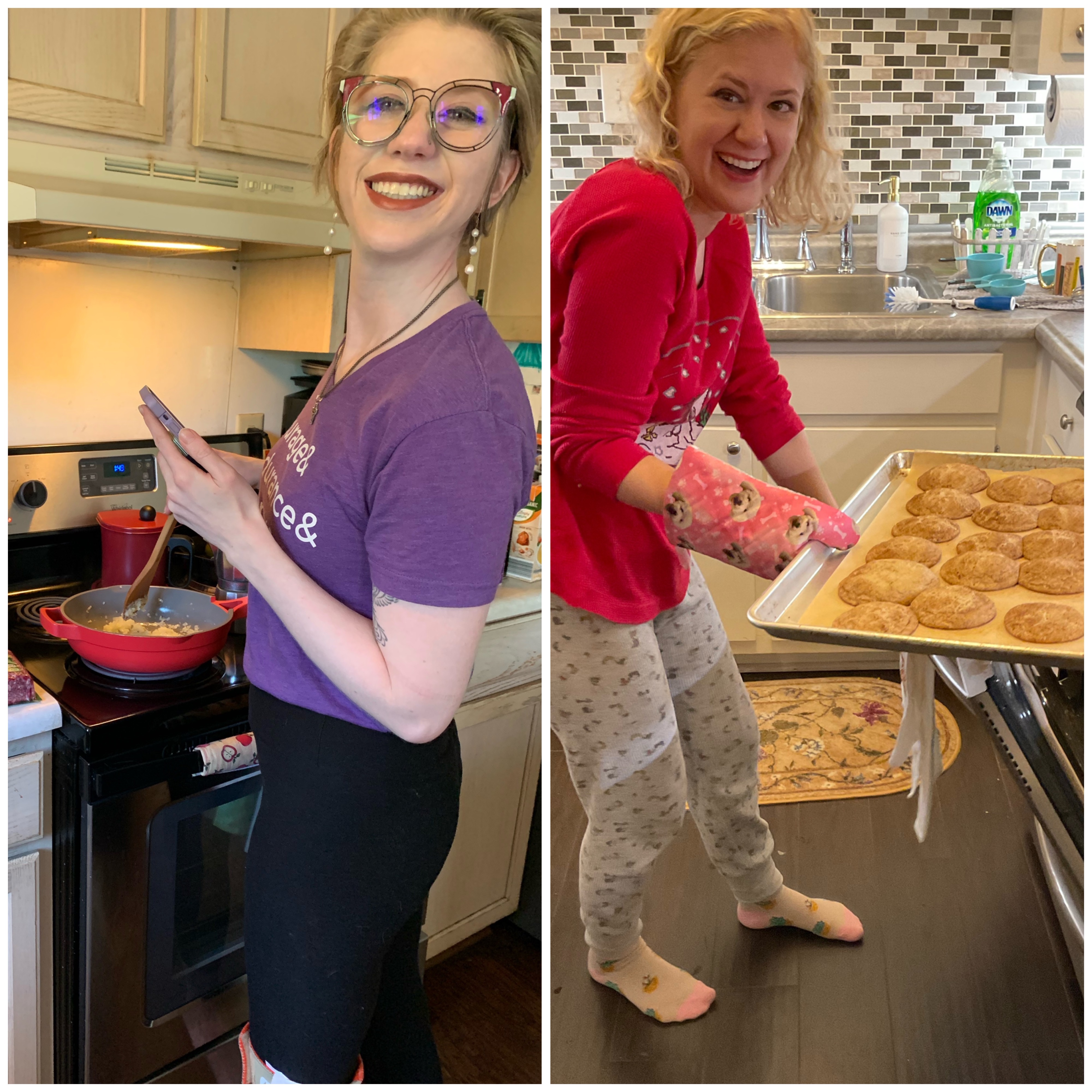 two photo collage of cass (left) and case (right) cooking. cass wears a purple tee and smiles over her shoulder while holding her phone with a red pan on the stove. case wears red and grey pajamas and grins while holding a tray of cookies with a pink over mitt