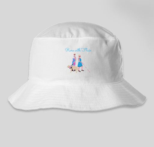 render of a white bucket hat with the rare with flair logo on it. the logo is a cartoon render of cassandra (left) with a colorful pink and blue dress, short blonde hair, and pink sunglasses along with her yellow lab guide dog romana in harness and pink bandana. casey (right) wears a blue dress and black sunglasses with pink lenses, and short blonde hair, holding her pink-handled white cane