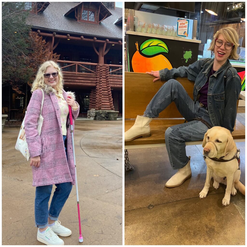 two photo collage of casey and cassandra. casey holds her cane as she stands and smiles in front of a log cabin, and cassandra laughs with one leg up on a bench as romana sits beside her