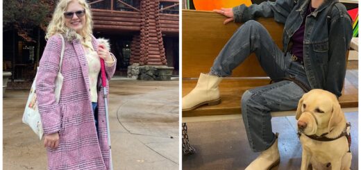 two photo collage of casey and cassandra. casey holds her cane as she stands and smiles in front of a log cabin, and cassandra laughs with one leg up on a bench as romana sits beside her