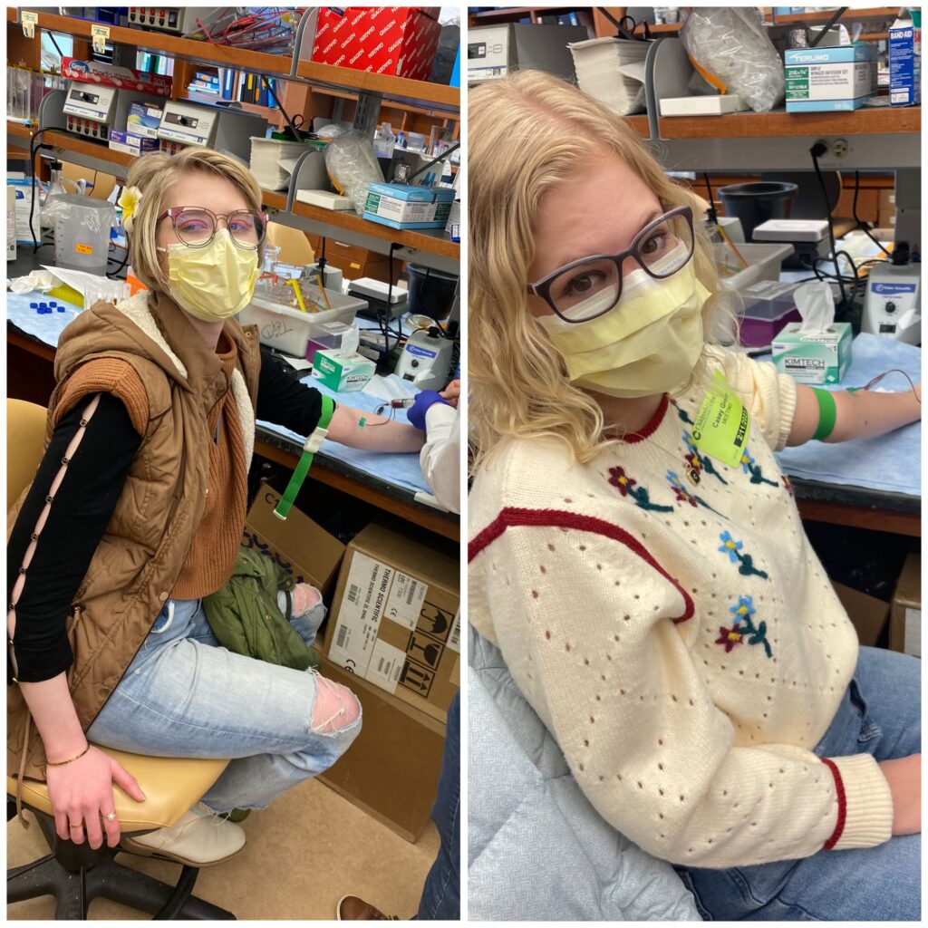 collage of cass (left) and case (right). each woman wears a mask and their eyes shine behind their glasses as they each have their blood drawn in a cluttered lab