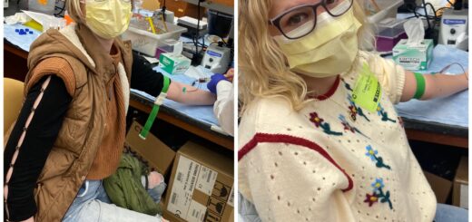 collage of cass (left) and case (right). each woman wears a mask and their eyes shine behind their glasses as they each have their blood drawn in a cluttered lab