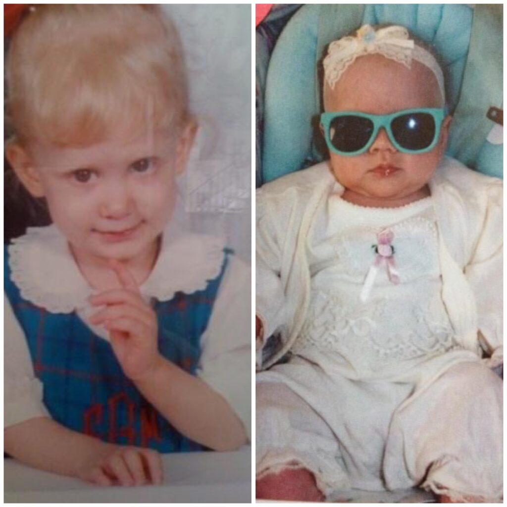 collage of toddler case (left) and baby cass (right). case, about 3, smiles up shyly and holds up a finger. cass, a baby, sits stoic wearing sunglasses