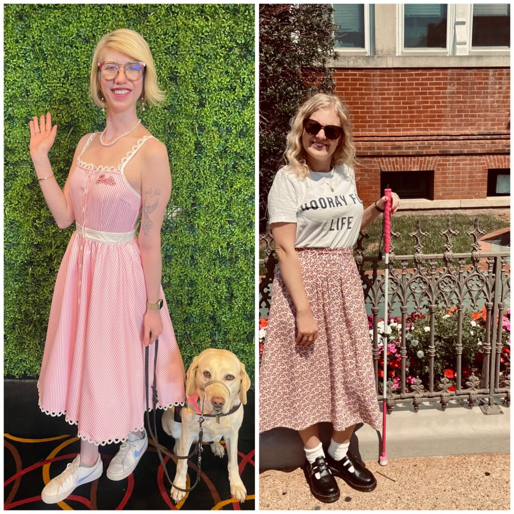collage of cassandra (left) and casey (right). cass poses in front of a wall of faux greenery and wears a tea length dress with pink and white stripes and a petticoat underneath. case smiles outside a building, wearing a t-shirt, long skirt, and black mary jane docs with socks