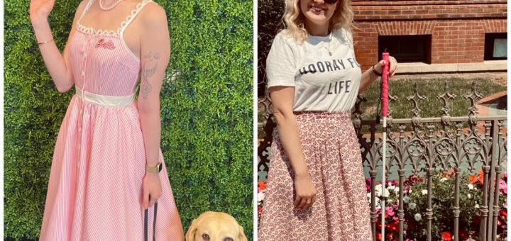 collage of cassandra (left) and casey (right). cass poses in front of a wall of faux greenery and wears a tea length dress with pink and white stripes and a petticoat underneath. case smiles outside a building, wearing a t-shirt, long skirt, and black mary jane docs with socks