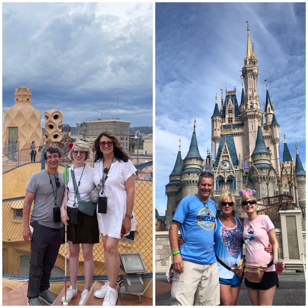 collage of cass (left) and case (right) with their parents. cass and her mom and dad stand on a balcony with stone statues and case and her mom and dad smile in front of the cinderella castle in walt disney world