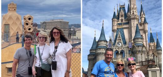 collage of cass (left) and case (right) with their parents. cass and her mom and dad stand on a balcony with stone statues and case and her mom and dad smile in front of the cinderella castle in walt disney world