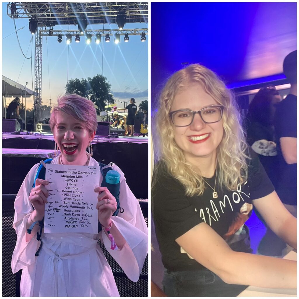 collage of cass (left) and case (right) at concerts. cass smiles with her mouth open, proudly holding a local natives setlist. casey smiles broadly and wears a paramore t-shirt