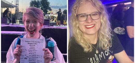 collage of cass (left) and case (right) at concerts. cass smiles with her mouth open, proudly holding a local natives setlist. casey smiles broadly and wears a paramore t-shirt