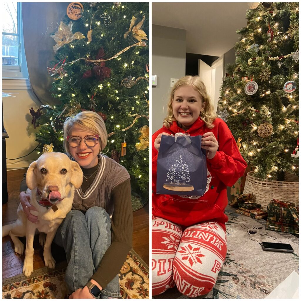 collage of cass (left) and case (right) around christmas in front of christmas trees. cass sits on the floor next to romana and smiles as romana licks her nose. case kneels and smiles broadly while holding a gift bag