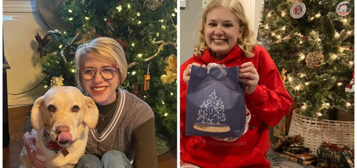 collage of cass (left) and case (right) around christmas in front of christmas trees. cass sits on the floor next to romana and smiles as romana licks her nose. case kneels and smiles broadly while holding a gift bag