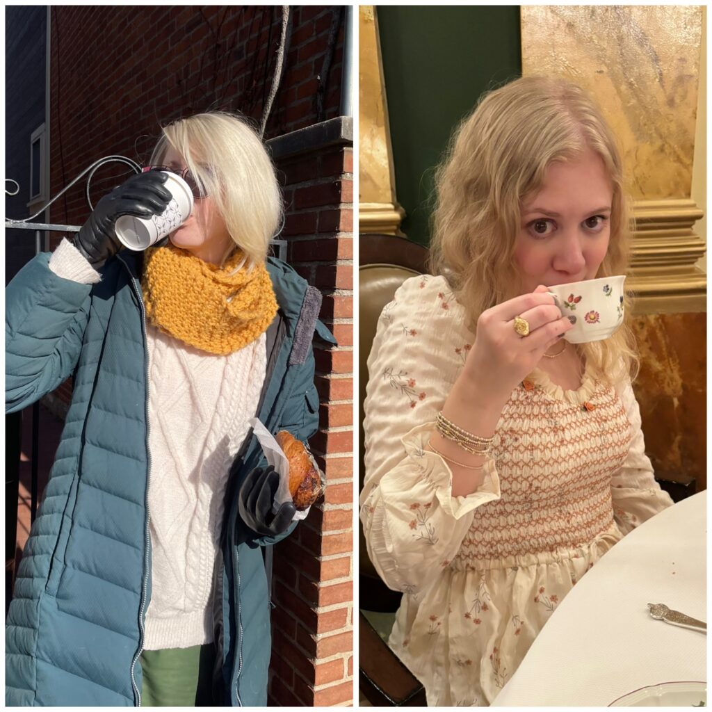 collage of cass (left) and case (right). cass stands outside and drinks from a coffee up and holds a croissant. case sips tea from a floral teacup and looks at the camera