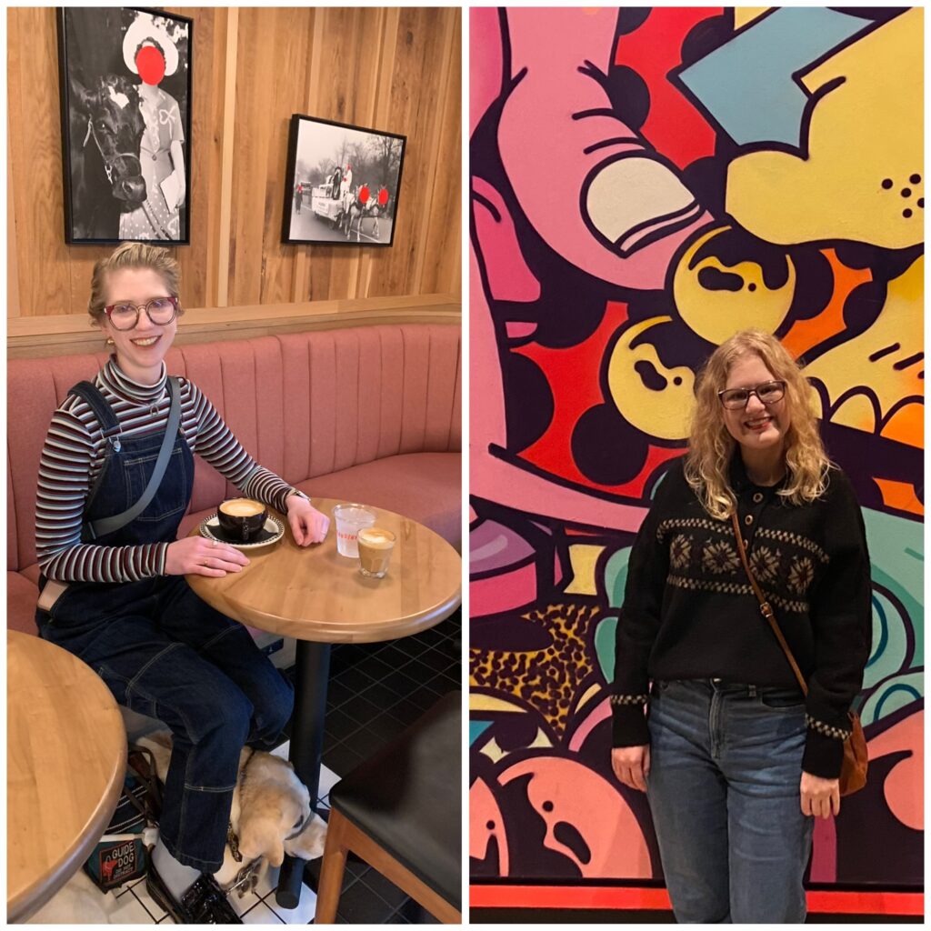two photo collage of cassandra , left, and casey, right. cassandra sits at a cafe smiling with a latte, and casey smiles in front of a colorful mural