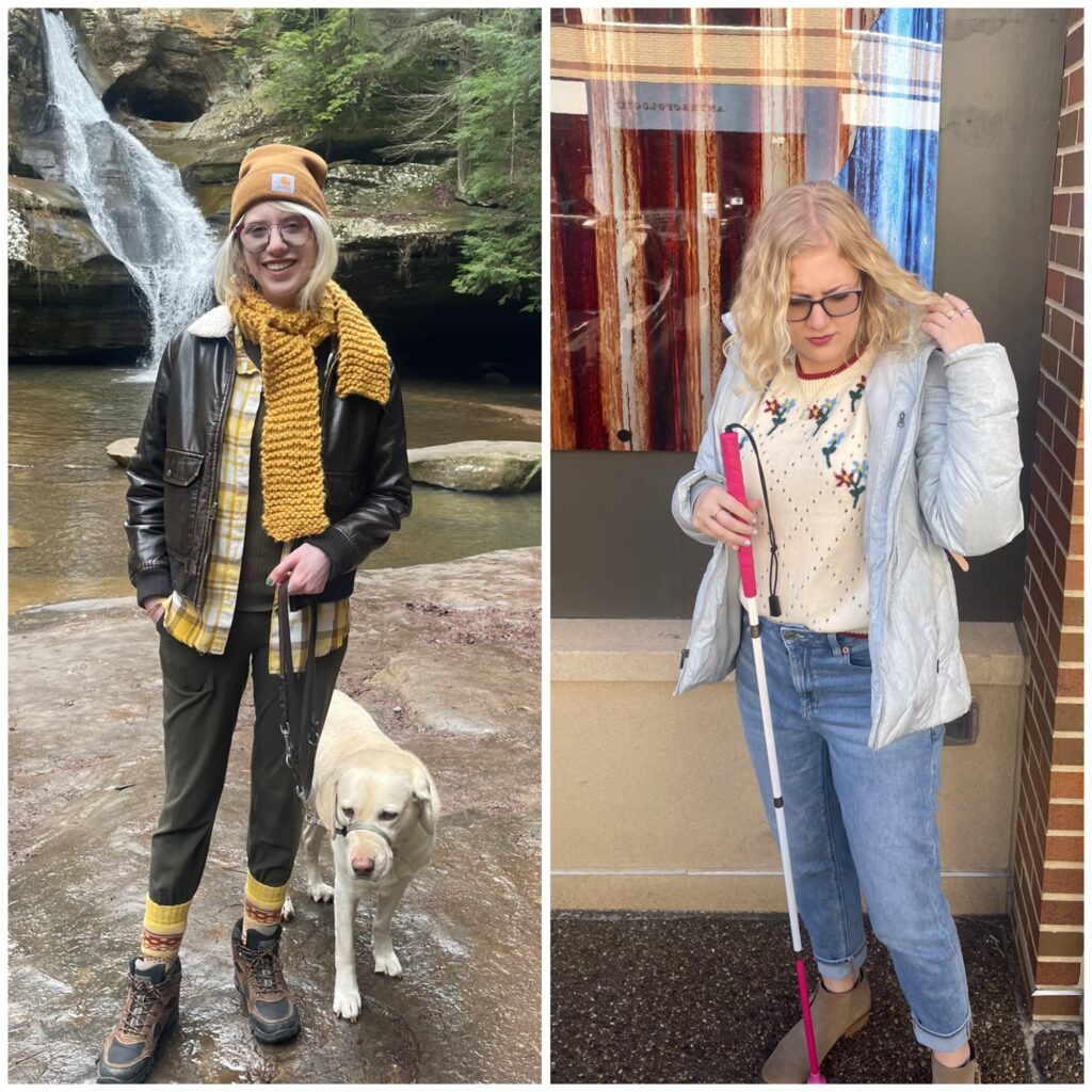 two photo collage of cass (left) and case (right). cass smiles outside, dressed in hiking gear in front of a waterfall with her guide dog romana at her side. casey adjusts her hair candidly as she stands outside of a shop window, gripping her white cane