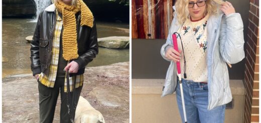 two photo collage of cass (left) and case (right). cass smiles outside, dressed in hiking gear in front of a waterfall with her guide dog romana at her side. casey adjusts her hair candidly as she stands outside of a shop window, gripping her white cane