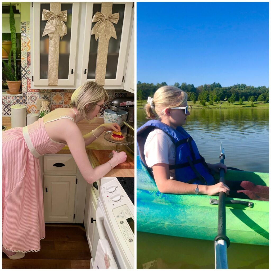 two photo collage of cass (left) and case (right). cass garnishes a small tart on a stand to her right in her colorful kitchen, wearing a pink vintage dress. case sits in a kayak, gazing off to the right wearing sunglasses and a life jacket against a serene backdrop of trees