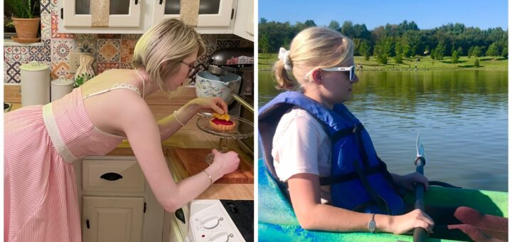 two photo collage of cass (left) and case (right). cass garnishes a small tart on a stand to her right in her colorful kitchen, wearing a pink vintage dress. case sits in a kayak, gazing off to the right wearing sunglasses and a life jacket against a serene backdrop of trees