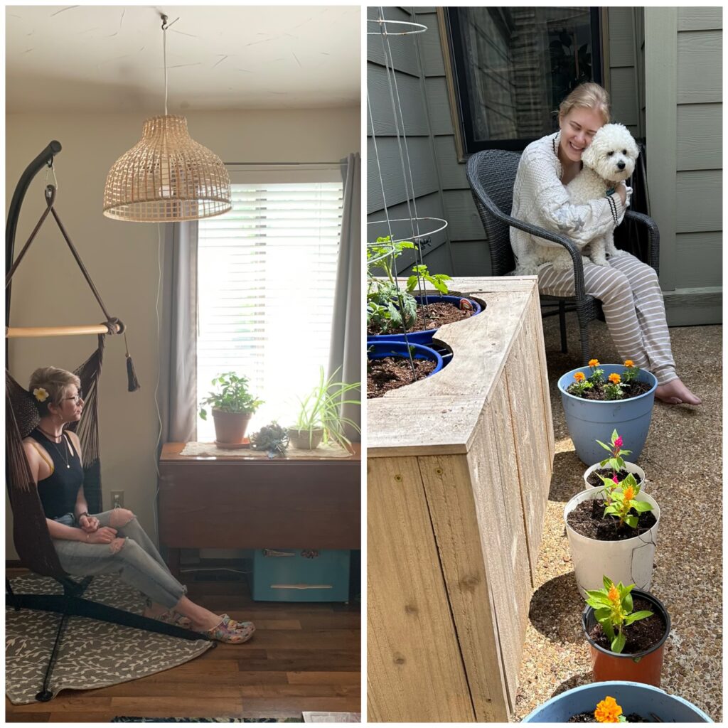 two photo collage of cass (left) and case (right) in their homes. cass sits in her living room hammock chair, looking off next to a vintage table with plants. casey sits on her patio, smiling joyfully with eyes closed, hugging her bichon rupert with potted plants and a raised garden bed in front of her
