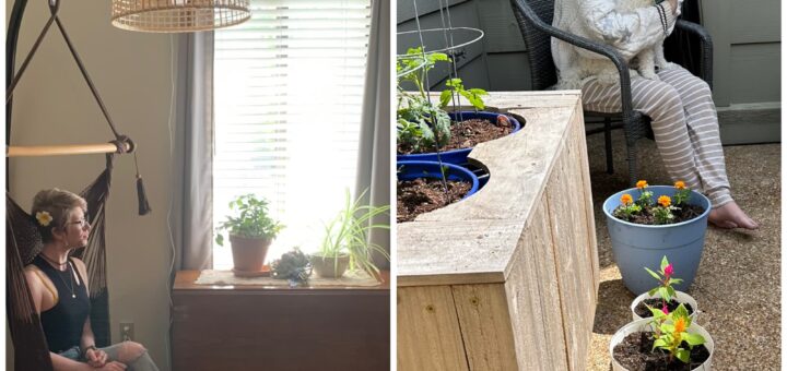 two photo collage of cass (left) and case (right) in their homes. cass sits in her living room hammock chair, looking off next to a vintage table with plants. casey sits on her patio, smiling joyfully with eyes closed, hugging her bichon rupert with potted plants and a raised garden bed in front of her