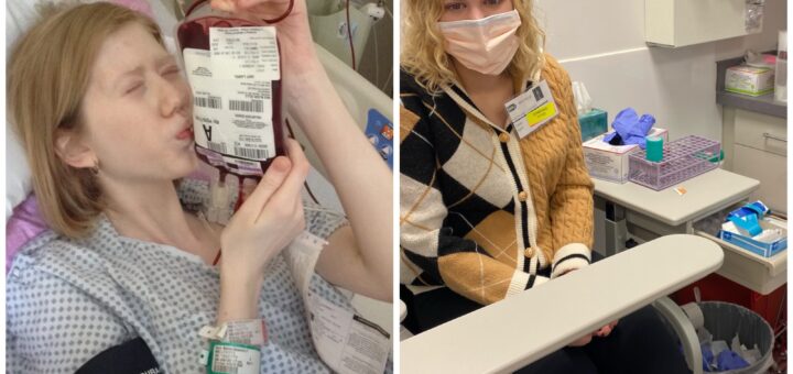 collage of cass (left) and case (right). young cass holds a bag of blood and gives it a kiss. case sits in a lab to get her blood drawn and wears a mask