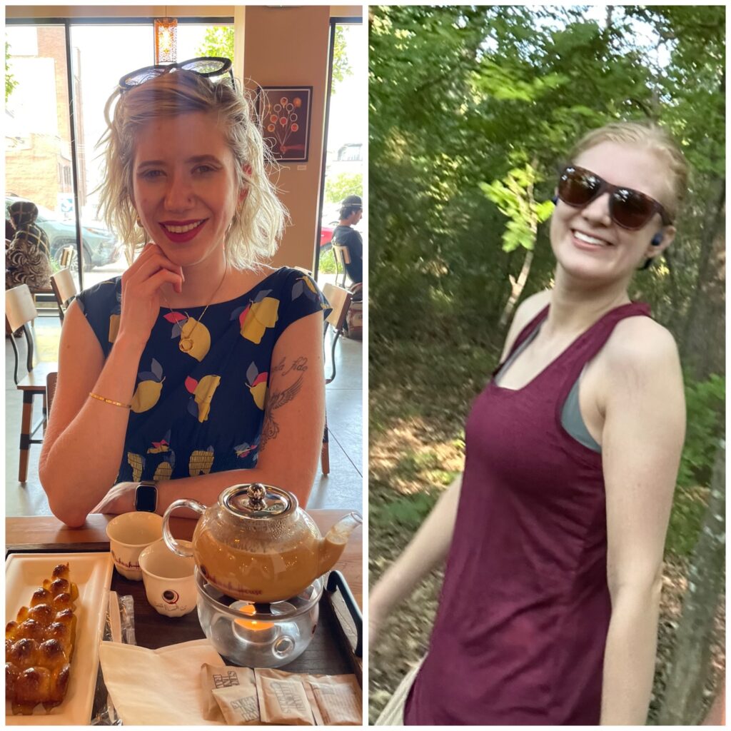 collage of cass (left) and case (right). cass is at a café, smiling warmly at the camera, featuring her wavy blonde hair. case is in a wooded area post-run, smiling broadly wearing her sunglasses and athletic gear