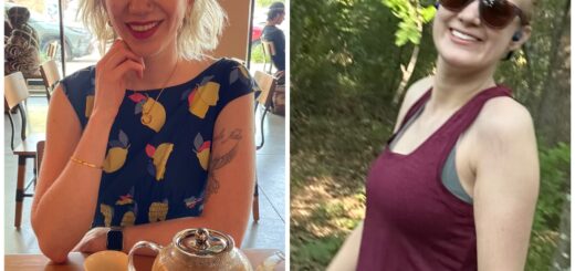 collage of cass (left) and case (right). cass is at a café, smiling warmly at the camera, featuring her wavy blonde hair. case is in a wooded area post-run, smiling broadly wearing her sunglasses and athletic gear