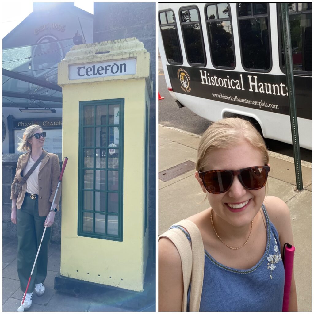 two-photo collage of cass (left) and case (right). cass stands next to a yellow vintage-style phone booth, holding her red-handled white cane and smiling, posing casually. case smiles while standing in front of a white trolley, the handle of her all-pink cane close to her body