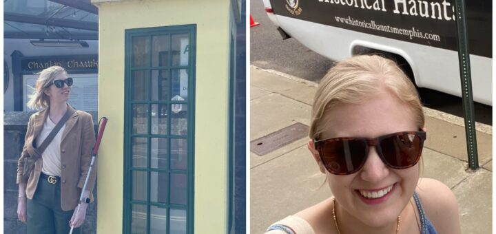 two-photo collage of cass (left) and case (right). cass stands next to a yellow vintage-style phone booth, holding her red-handled white cane and smiling, posing casually. case smiles while standing in front of a white trolley, the handle of her all-pink cane close to her body