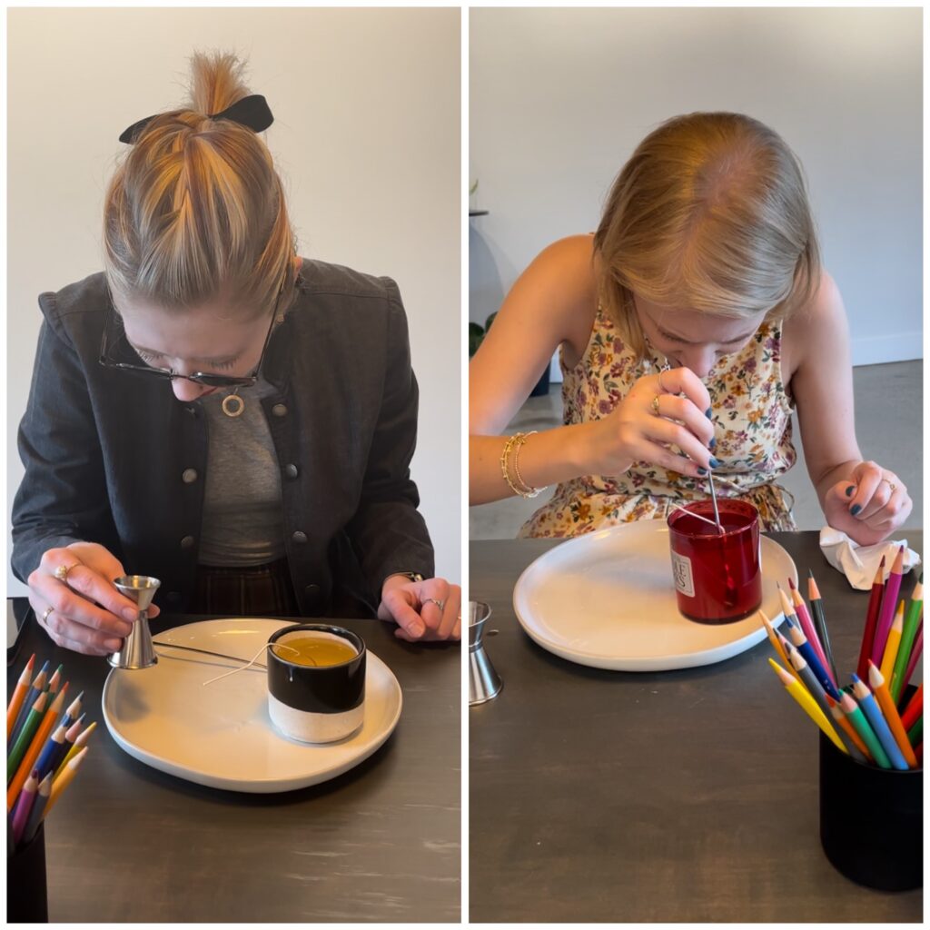 collage of cass (left) and case (right) during their candle making experience. cass leans in close to inspect the plate and jigger that she had just poured into her hot wax, while casey stirs her wax, leaning in closely to see where she’s stirring