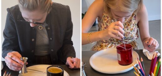 collage of cass (left) and case (right) during their candle making experience. cass leans in close to inspect the plate and jigger that she had just poured into her hot wax, while casey stirs her wax, leaning in closely to see where she’s stirring