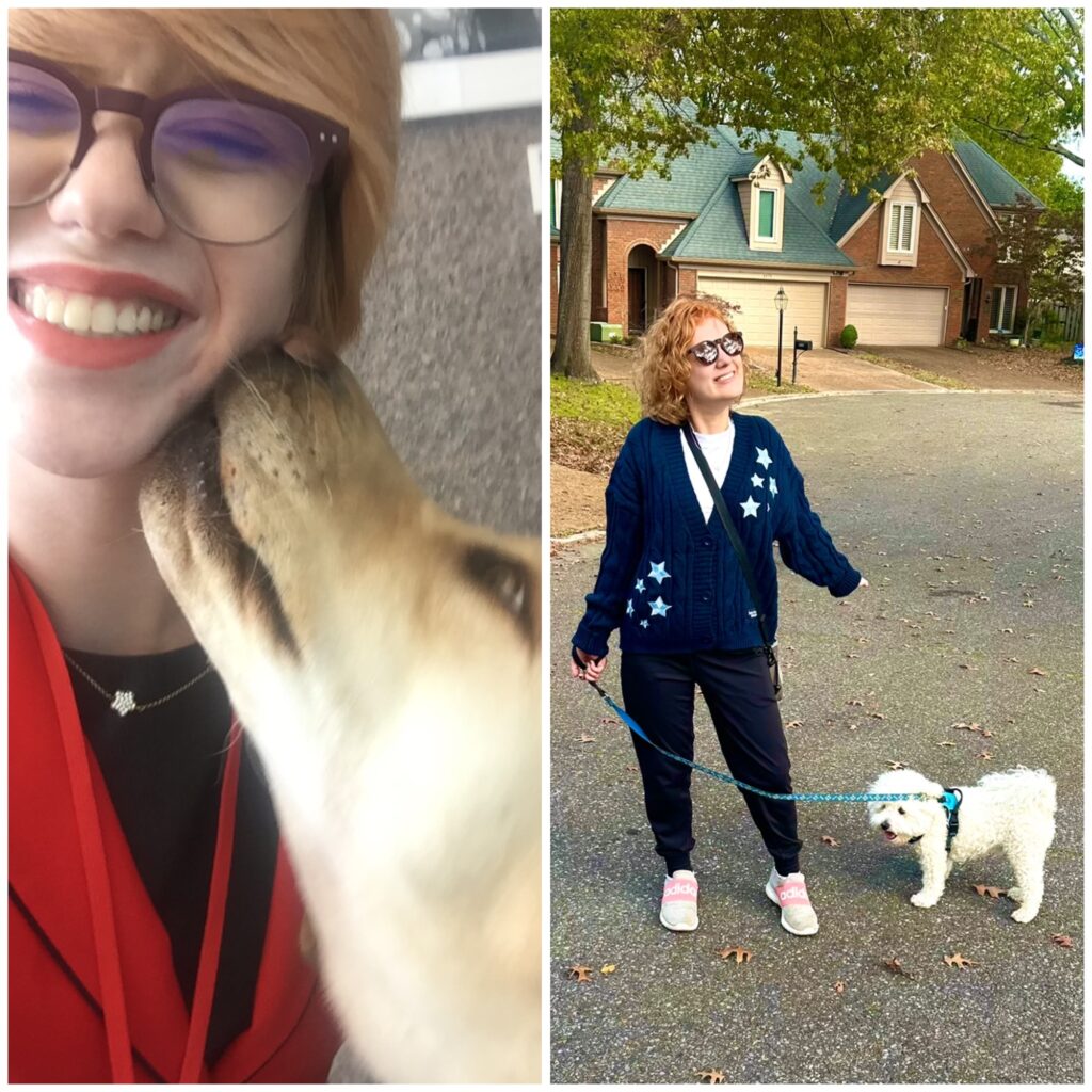 collage of cass (left) and case (right). college-aged cass, sporting an auburn pixie cut, smiles broadly in the selfie, while romana nuzzles her face affectionately. case smiles outside while walking rupert, sporting ginger curls and wearing her taylor swift midnights cardigan, enjoying the outdoors