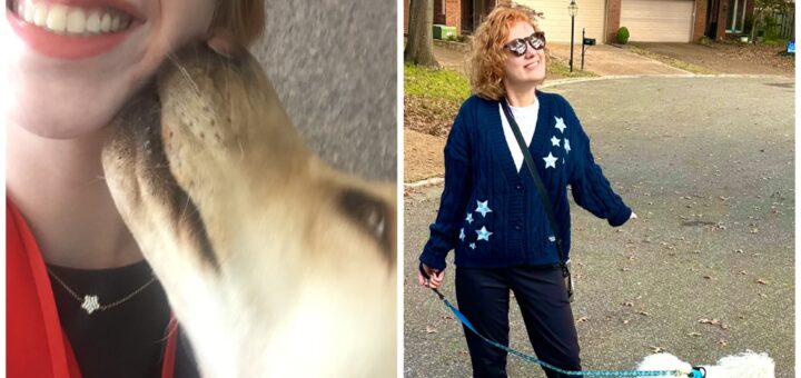 collage of cass (left) and case (right). college-aged cass, sporting an auburn pixie cut, smiles broadly in the selfie, while romana nuzzles her face affectionately. case smiles outside while walking rupert, sporting ginger curls and wearing her taylor swift midnights cardigan, enjoying the outdoors