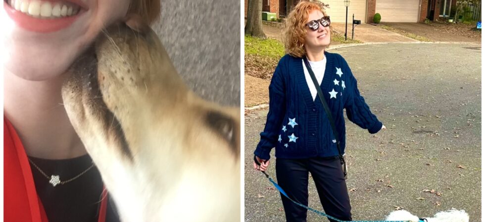 collage of cass (left) and case (right). college-aged cass, sporting an auburn pixie cut, smiles broadly in the selfie, while romana nuzzles her face affectionately. case smiles outside while walking rupert, sporting ginger curls and wearing her taylor swift midnights cardigan, enjoying the outdoors