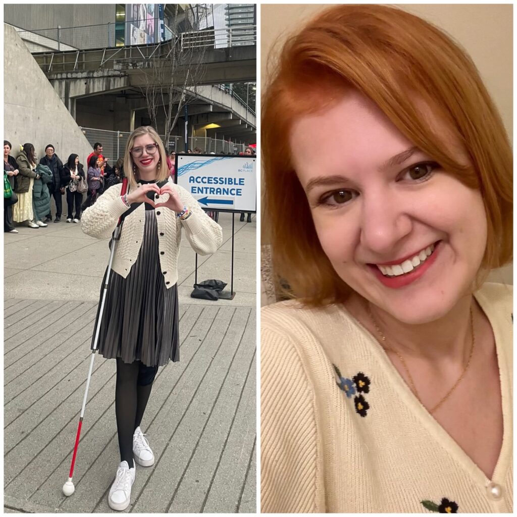 two photo collage of cass (left) and case (right). cass stands outside the stadium accessible entrance before the eras tour. she holds her white cane and makes a heart with her hands that shows her friendship bracelets and smiles broadly. case smiles happily in her selfie, sporting her new chin-length ginger hair while wearing am embroidered cardigan.