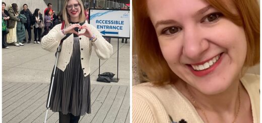 two photo collage of cass (left) and case (right). cass stands outside the stadium accessible entrance before the eras tour. she holds her white cane and makes a heart with her hands that shows her friendship bracelets and smiles broadly. case smiles happily in her selfie, sporting her new chin-length ginger hair while wearing am embroidered cardigan.