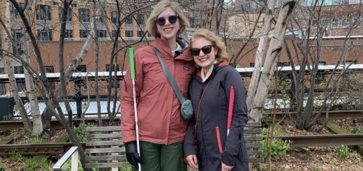 Cass (left) and Case (right) stand together outdoors on a paved walkway, smiling at the camera. Both are holding white canes. Behind them are leafless trees, a wooden bench, and a cityscape with brick buildings under an overcast sky