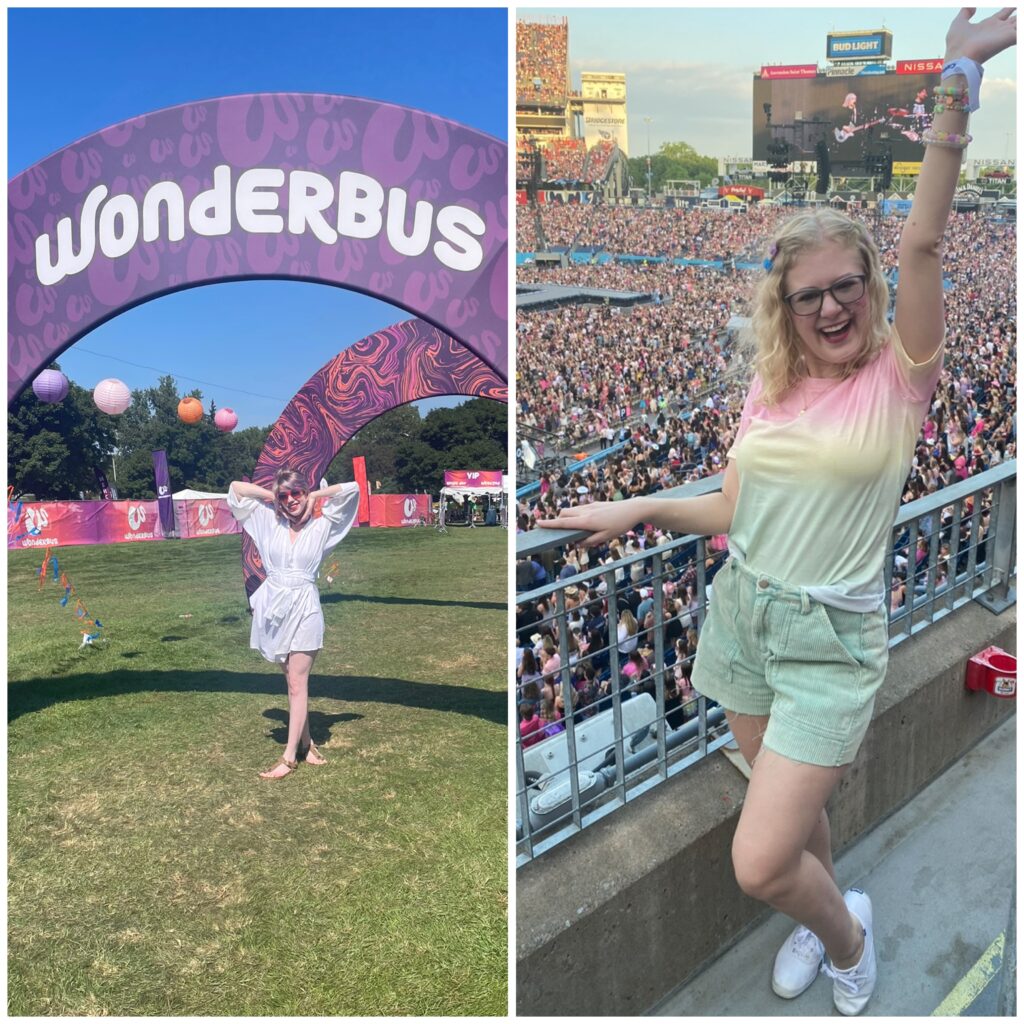 Cass (left) poses under the vibrant "WonderBus" festival arch, wearing a white flowy dress and sunglasses, while Case (right) excitedly celebrates at a packed stadium before the Eras tour, dressed in a pastel ombre top and green shorts.