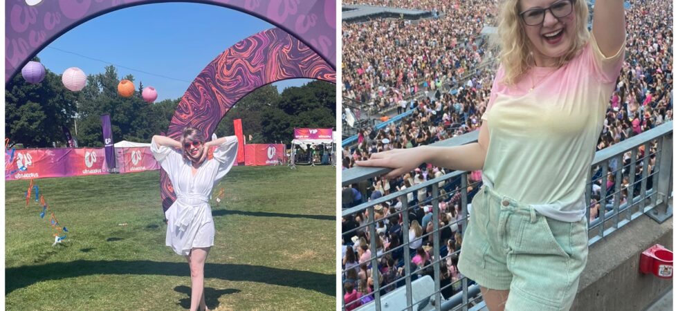 Cass (left) poses under the vibrant "WonderBus" festival arch, wearing a white flowy dress and sunglasses, while Case (right) excitedly celebrates at a packed stadium before the Eras tour, dressed in a pastel ombre top and green shorts.