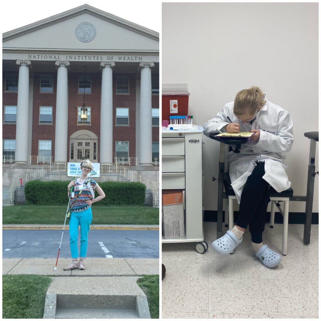side by side collage of Cass (left) and Case (right). a young Cass holds her white cane and stands confidently outside the National Institutes of Health (NIH) building. Case wears a white lab coat and sits in a clinical setting, intently writing on a clipboard