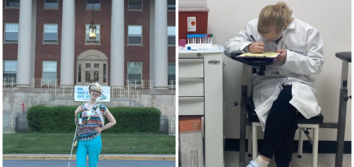 side by side collage of Cass (left) and Case (right). a young Cass holds her white cane and stands confidently outside the National Institutes of Health (NIH) building. Case wears a white lab coat and sits in a clinical setting, intently writing on a clipboard