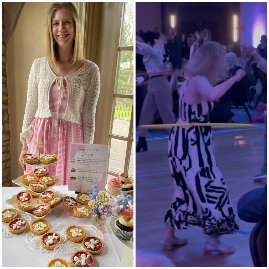 two-photo collage of Cass (left) and Case (right). Cass stands behind a table with a dessert display at a wedding featuring decorated lemon and raspberry tarts. Case is captured mid-motion, hula-hooping on the dance floor at the lively HPS conference party