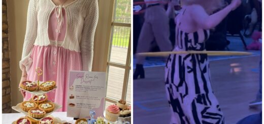 two-photo collage of Cass (left) and Case (right). Cass stands behind a table with a dessert display at a wedding featuring decorated lemon and raspberry tarts. Case is captured mid-motion, hula-hooping on the dance floor at the lively HPS conference party