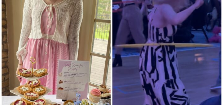 two-photo collage of Cass (left) and Case (right). Cass stands behind a table with a dessert display at a wedding featuring decorated lemon and raspberry tarts. Case is captured mid-motion, hula-hooping on the dance floor at the lively HPS conference party