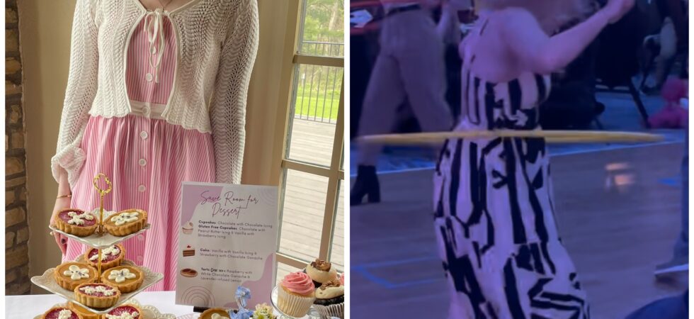 two-photo collage of Cass (left) and Case (right). Cass stands behind a table with a dessert display at a wedding featuring decorated lemon and raspberry tarts. Case is captured mid-motion, hula-hooping on the dance floor at the lively HPS conference party