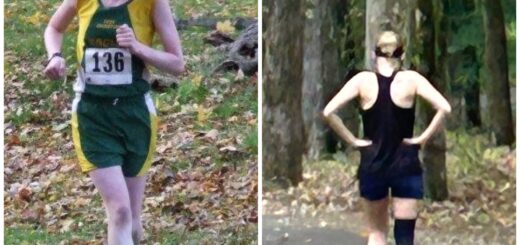 2 photo collage of a teenage Cass (left) running a cross-country race in a green-and-yellow uniform. On the right, Case is seen from behind walking on a wooded trail in black athletic gear with a knee brace.