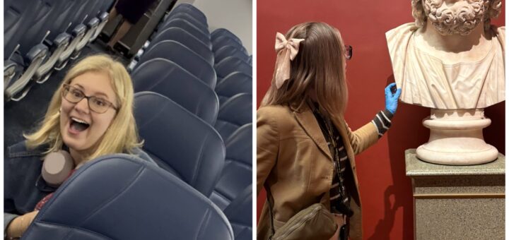 Two photo collage of Case (left) and Cass (right). Case peeks excitedly over an airplane seat in an empty plane while boarding a flight. Cass touches a marble bust in a museum while wearing a glove, using her hand to explore the sculpture.