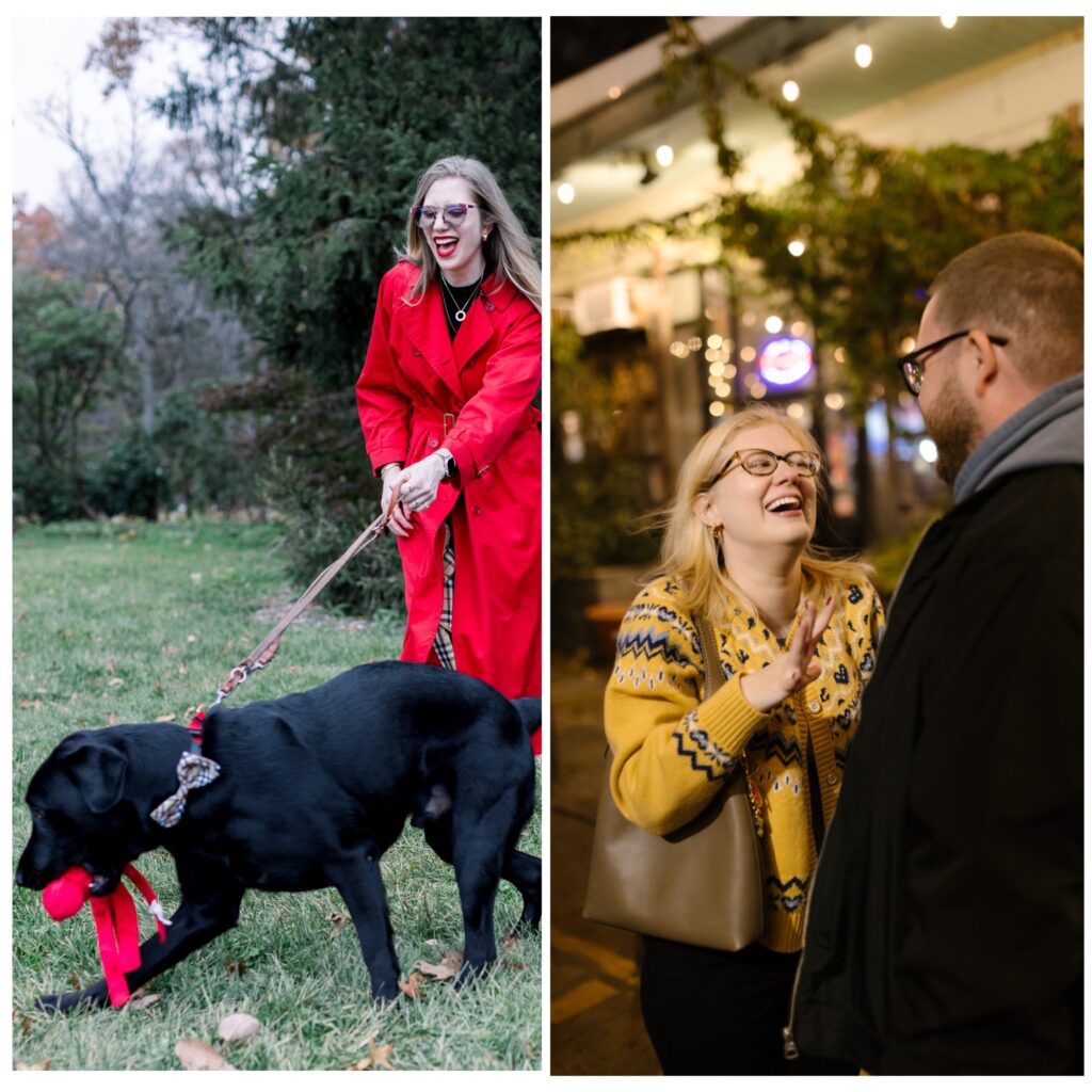 two photo collage of Cass (left) and Case (right). Cass, in a red coat, laughs while holding a leash as a black dog plays with a red toy on grass. Beside it, Case, in a yellow sweater, laughs while talking with a man outdoors under string lights.