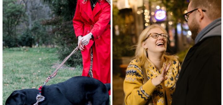 two photo collage of Cass (left) and Case (right). Cass, in a red coat, laughs while holding a leash as a black dog plays with a red toy on grass. Beside it, Case, in a yellow sweater, laughs while talking with a man outdoors under string lights.